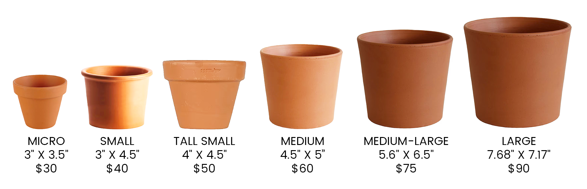 Graffiti Pot terracotta base sizes from micro to large.